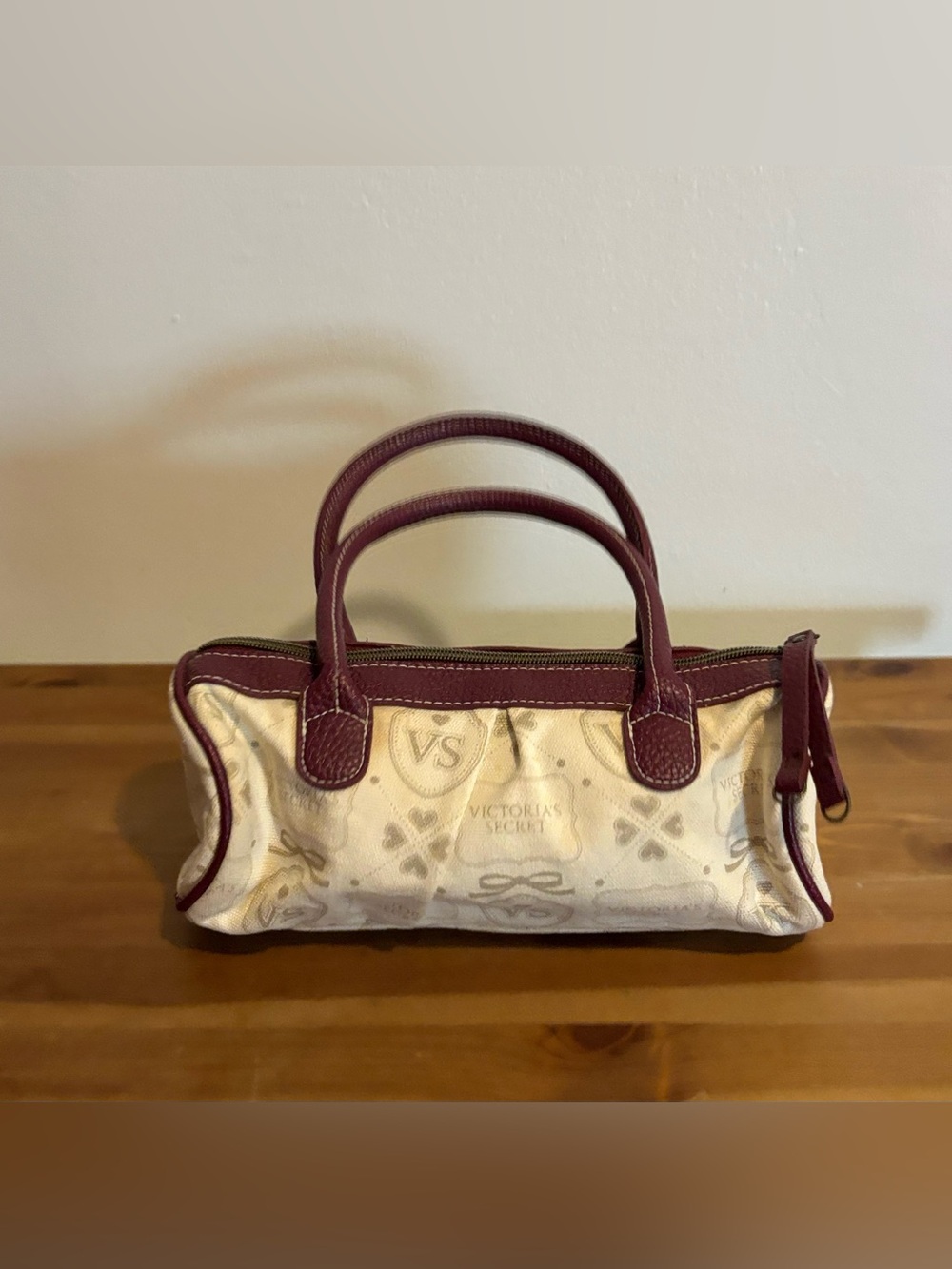 Victoria’s Secret Barrel Purse Handbag Coated Canvas VS  Logo & Hearts